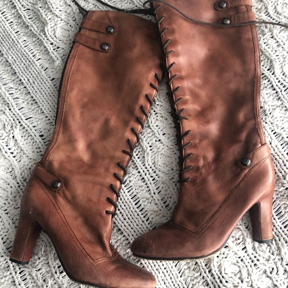 Brown High Heeled Lace Up Boots